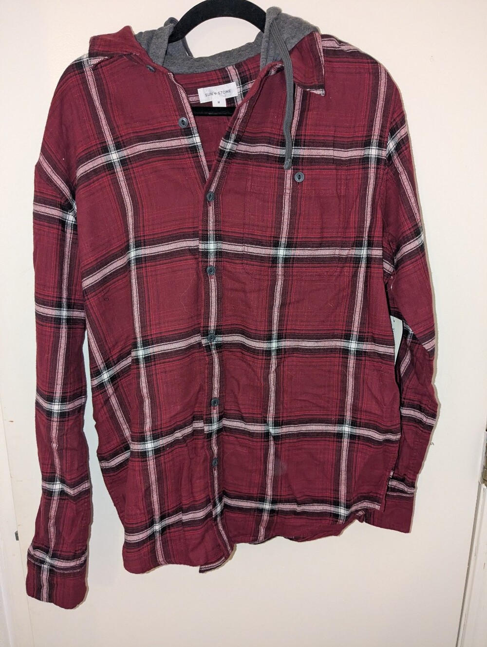 Sun + Stone Maroon Plaid Hooded Shirt Jacket with Gray Hood